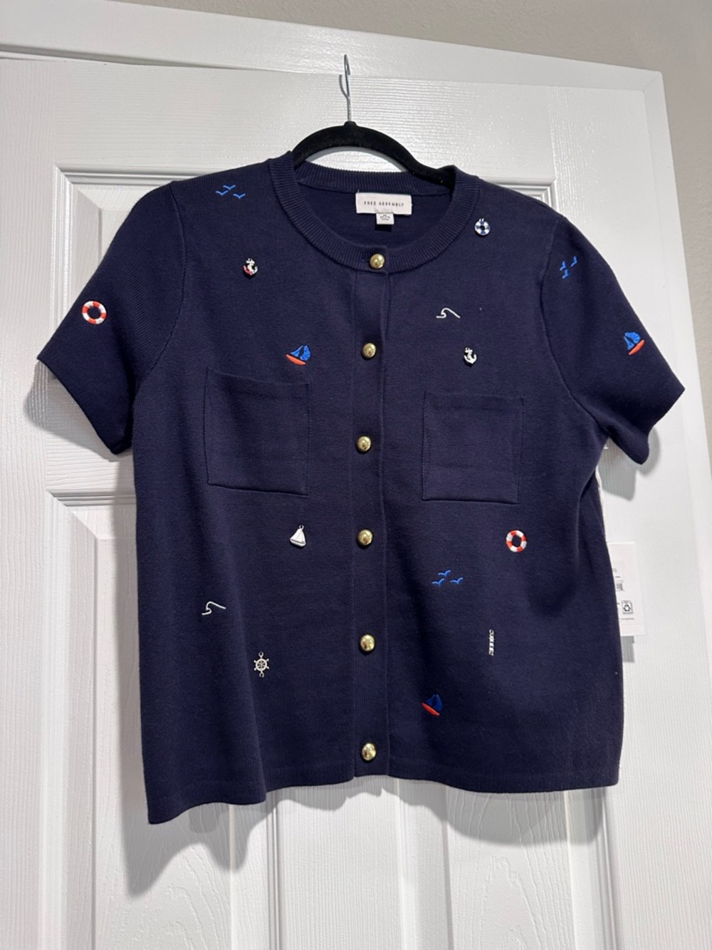 Navy Nautical Embroidered Short-Sleeve Cardigan Free Assembly NWT